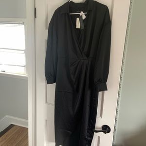 Black Satin Collar-Wrap Midi Dress